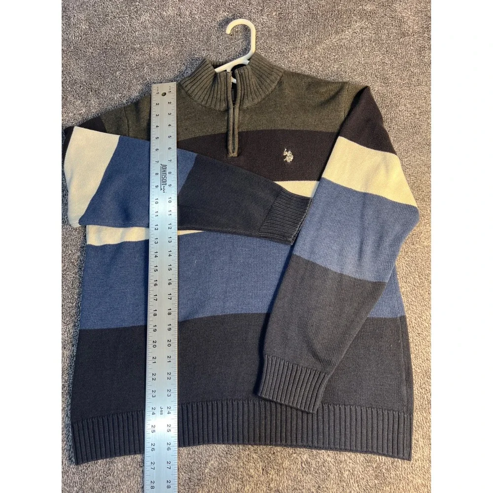US Polo Assn Mens Quarter Zip Striped Sweater Blue Grey SRUF9S5094 Medium